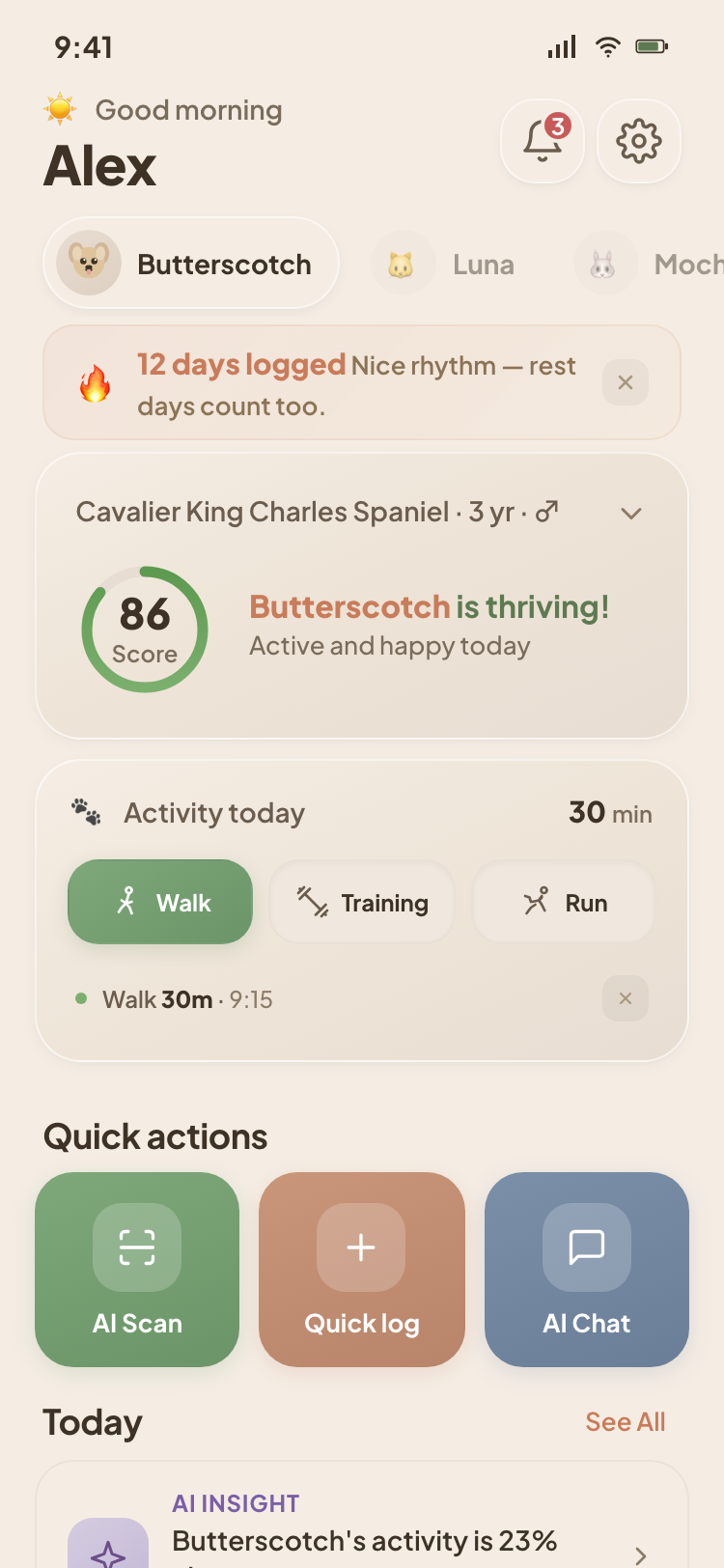Has.Pet dashboard — Wellness Score, daily activity, AI Insight